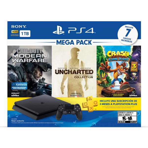 PS4 Consola 1TB MEGA PACK COD Moder Warfare+Uncharted Collection+ Crash Bandicoot Trilogy + 3 meses plus Negro